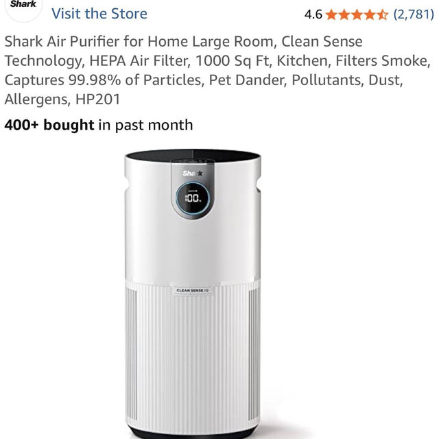 Shark Air Purifier for Home Large Room, Clean Sense Technology, HEPA Air Filter, 1000 Sq Ft, Kitchen, Filters Smoke, Captures 99.98% of Particles, Pet Dander, Pollutants, Dust, Allergens, HP201