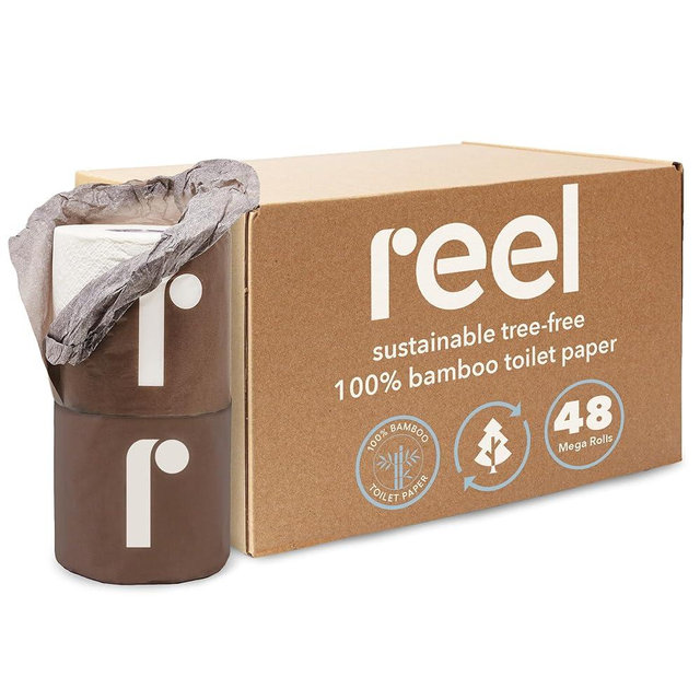 Reel Premium Bulk Bamboo Toilet Paper - 48 Rolls of Toilet Paper - 3-Ply Made From Tree-Free - Zero Plastic Packaging, Septic Safe