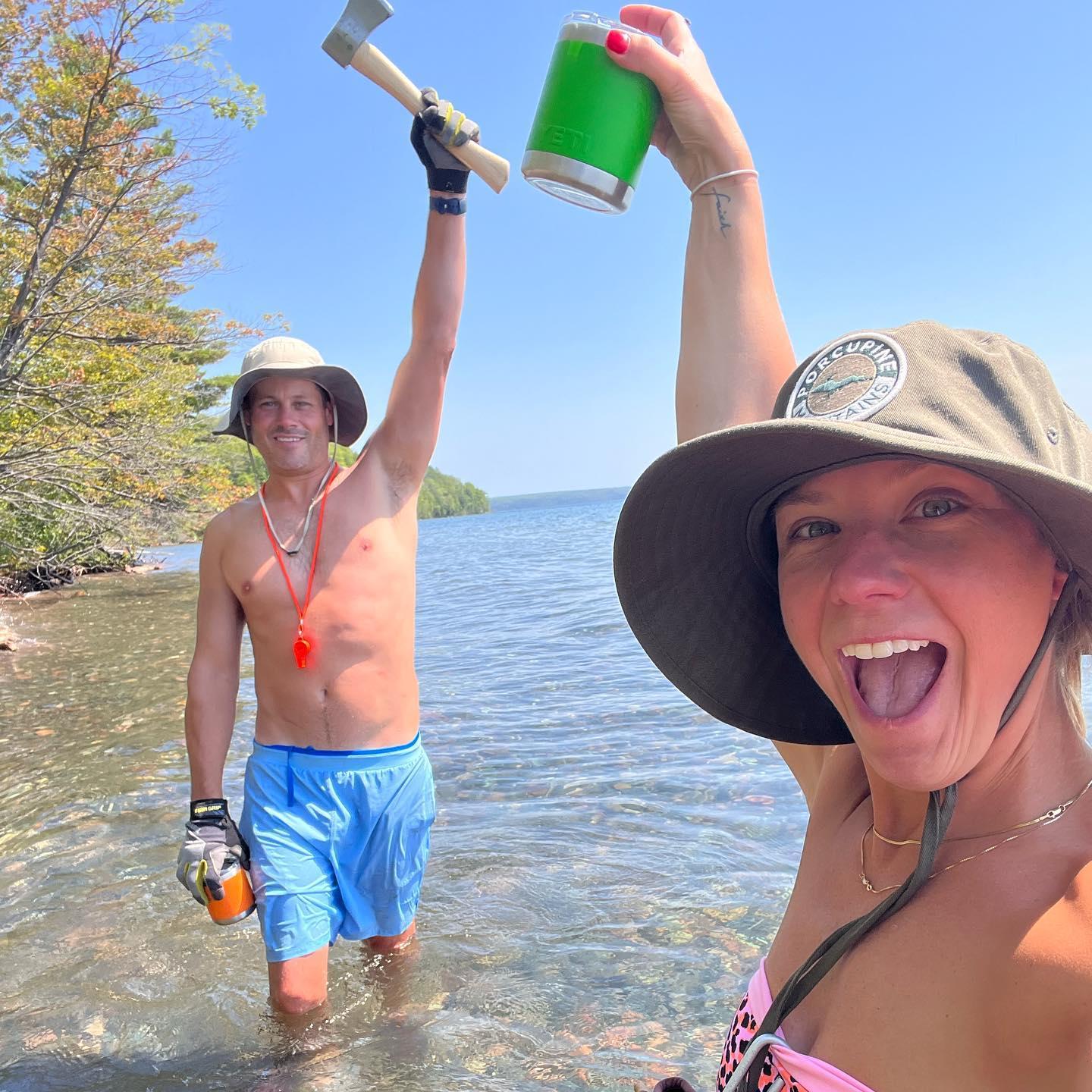 Celebrating after running a black bear out of our camp - Apostle Islands, WI