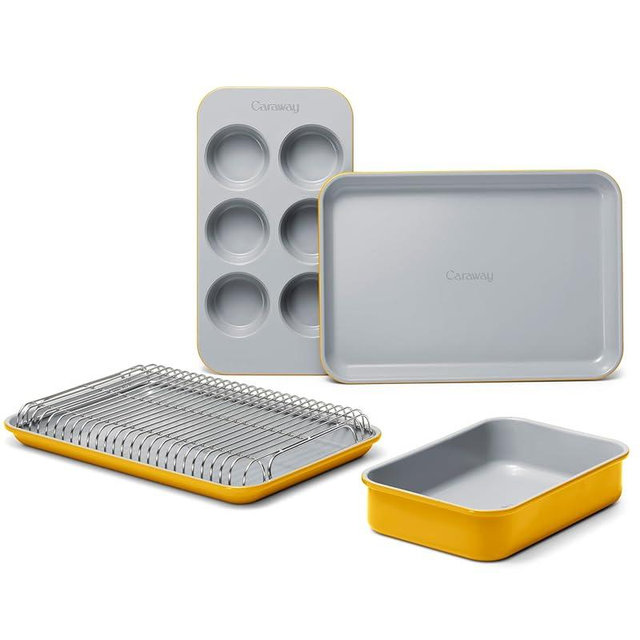 Caraway Mini Bakeware Set – Naturally Non-Stick, Non-Toxic Ceramic Coating – Compact Baking Pans Set for Small Kitchens & Ovens – Includes Baking Sheets, Muffin Pan, Cooling Rack & Storage - Marigold