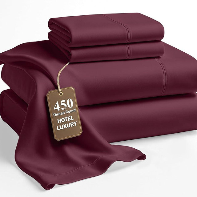 LANE LINEN Queen Size Sheet Set – 450 Thread Count Natural 100% Cotton Sheets, Cooling Bed Sheets, Durable Bedding for Daily Use, Fade Resistant, Snug Fit 15" Deep Pocket Fitted Sheet – Windsor Wine