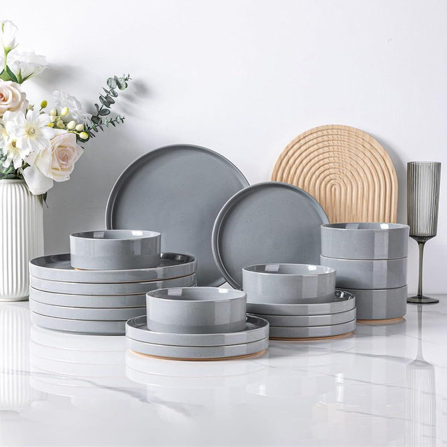 AmorArc Ceramic Dinnerware Set for 6 | Speckled Stoneware Plates and Bowls with Rustic Terracotta Underside| Scratch Resistant,Dishwasher & Microwave Safe Dishes Sets- 18pcs Gray