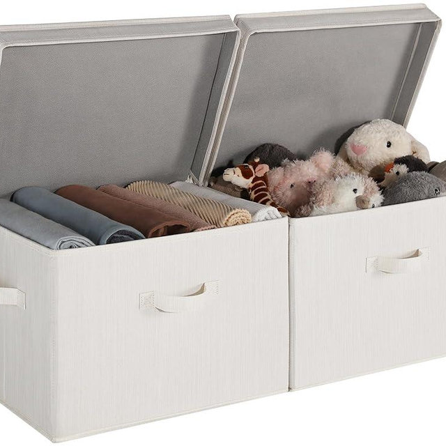 StorageWorks Closet Storage Bin with Lids, Decorative Storage Boxes with Handles, Fabric Storage Bins for Clothes, Jumbo, Mixing of Beige, White & Ivory, 2-Pack