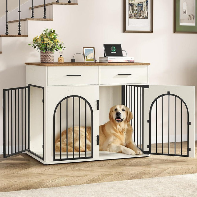 Hzuaneri 43.3'' Large Dog Crate Furniture with 2 Storage Drawers, Heavy Duty Dog Kennel Indoor with Charging Station, Wooden Dog Cage End Table Kennel for Medium/Large Dogs, White Brown DFC88214B