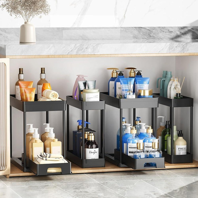 Delamu 4 Pack Under Sink Organizers and Storage, 2 Tier Black Bathroom Cabinet Organizer, Multi-Use Kitchen Bathroom Organizers and Storage