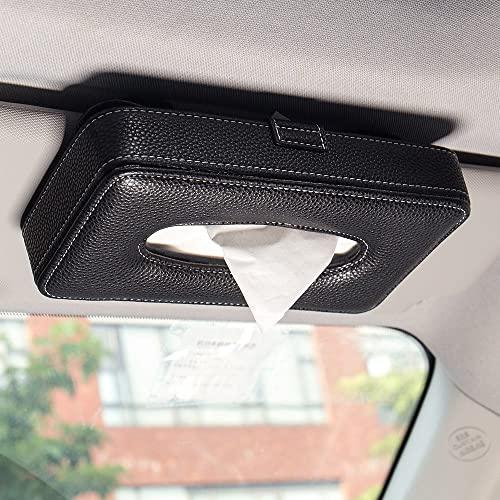 Mr.Ho Luxury Black Leather Car Visor Tissue Holder Mount, Hanging Tissue Holder Case for Car Seat Back, Multi-use Paper Towel Cover Case With One Tissue Refill for Car & Truck Decoration