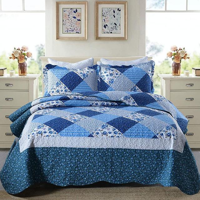 Travan Bedspread Quilt Sets 3-Piece Lightweight Coverlet Set with Shams Quilted Bedding Set, Blue Floral Patchwork, King