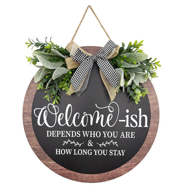 14 Inch Welcome Sign for Front Door Wooden Door Wreath Decoration Funny Welcome-ish Outdoor Hanging Signs for Gift Farmhuose Home Indoor All Seasons