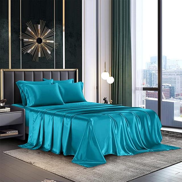 AiMay 6 Piece Satin Bedding Sheet Pillowcase Sets Deep Pocket Luxury Rich Silk Silky Super Soft Solid Color Reversible Sexy Honeymoon Stain-Resistant Wrinkle Free (Queen, Teal)