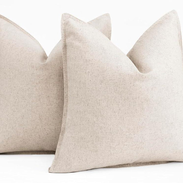 Foindtower Pack of 2 Decorative Cotton Linen Throw Pillow Covers Soft Modern Farmhouse Cushion Cover Cozy Vintage Accent Pillowcase for Couch Sofa Bed Living Room Home Decor, 24×24 Inch Light Beige