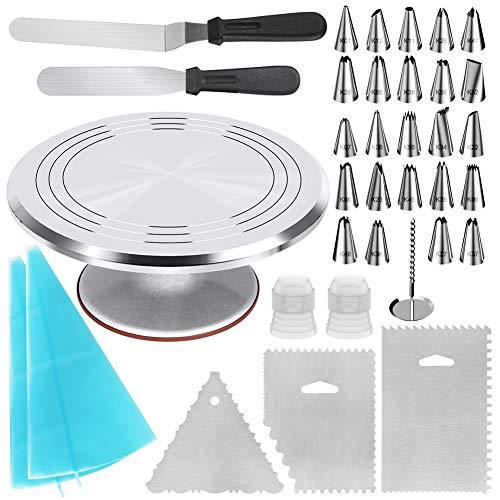 Kootek 35-in-1 Cake Decorating Supplies with Aluminium Alloy Revolving Cake Turntable, 24 Piping Tips, 2 Frosting Spatula, 3 Icing Comb, 2 Reusable Pastry Bags, 2 Couplers and 1 Flower Nail
