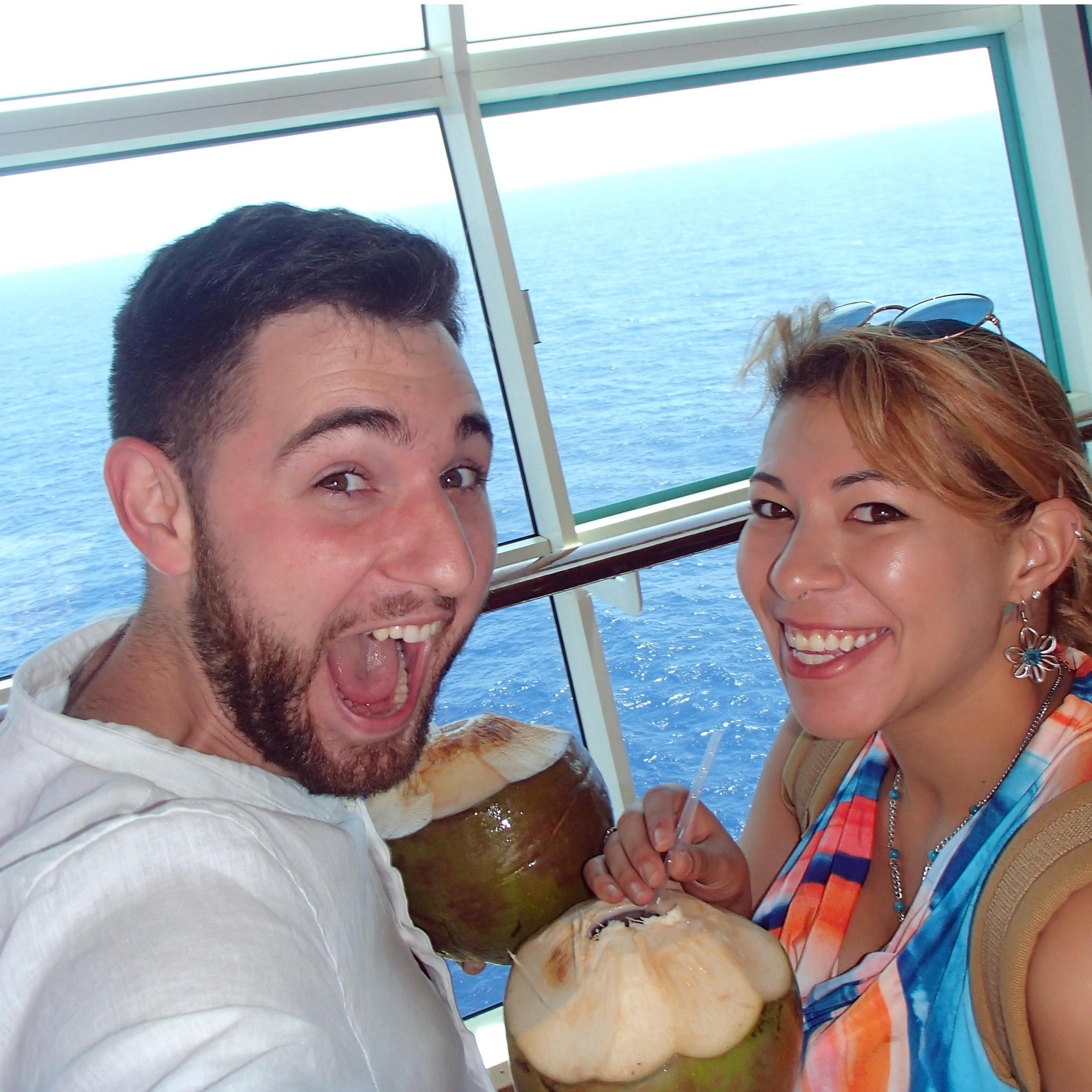 Our first ever cruise together in 2017 enjoying some tropical drinks.