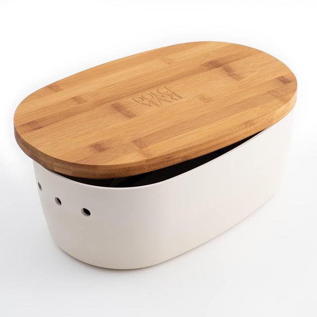 Dolce Mare Bamboo Bread Bin - with Bamboo Cutting Board Lid - Eco Bread Box | Highly Practical Bread Tin | Wooden Bread Basket | Bread Keeper | White Bread Bin| Great Eco Gift Idea (Cream)