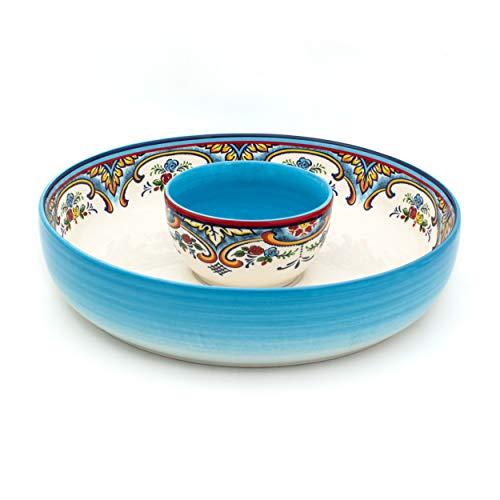 Euro Ceramica YS-ZB-1018 Zanzibar Chip and Dip Bowl Servingware Set, 2 Piece, Spanish Floral Design, Multicolor Blue