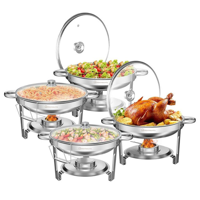 WARMOUNTS 4-Pack Chafing Dish Buffet Set, 5QT Round Buffet Servers Warmers Set, Stainless Steel Catering Food Warmer with Glass Lid & Holder for Party