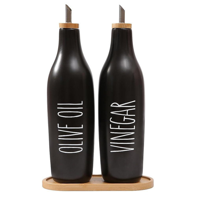 HOMCDALY Olive Oil and Vinegar Dispenser Set, Ceramic Oil and Vinegar Bottles with Bamboo Tray, 16.9oz Oil Container Kitchen Olive Oil Cruet, Oil Container Kitchen, Kitchen Décor| Set of 2 – P-Black