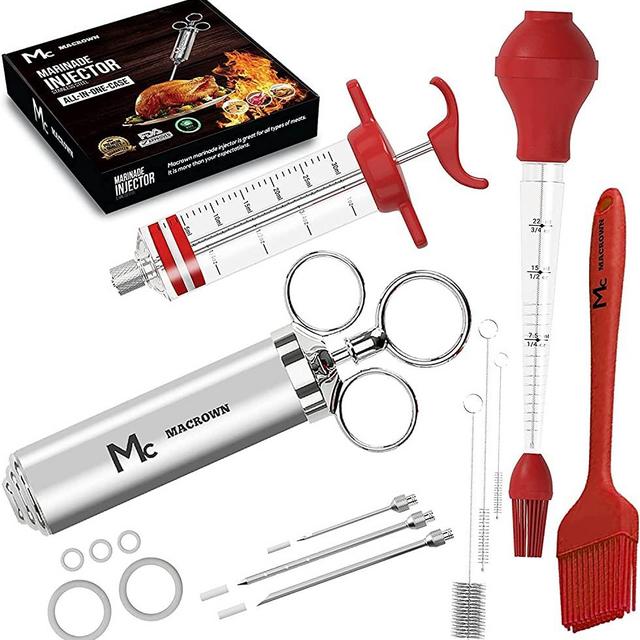 MACROWN Meat Injector Kit - Complete Set Includes Food-Grade Stainless-Steel Injector with 3 Marinade Injection Needles, Plastic Syringe with Plunger & Turkey Baster - Grilling Gifts for Men & Women