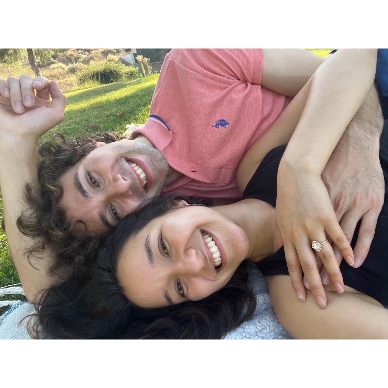 Two days later, we took 'engagement pictures' at our aforementioned favorite park where Michael had originally planned to propose. We tried to look as composed as possible, but...