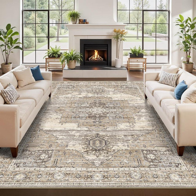 RUUGME 7x10 Rugs for Living Room: Boho Washable Area Rugs with Non Slip Backing Stain Resistant Carpet for Dining Room Bedroom Ultra Thin Soft Decoration Mat for Study Room Office 7x10 Beige