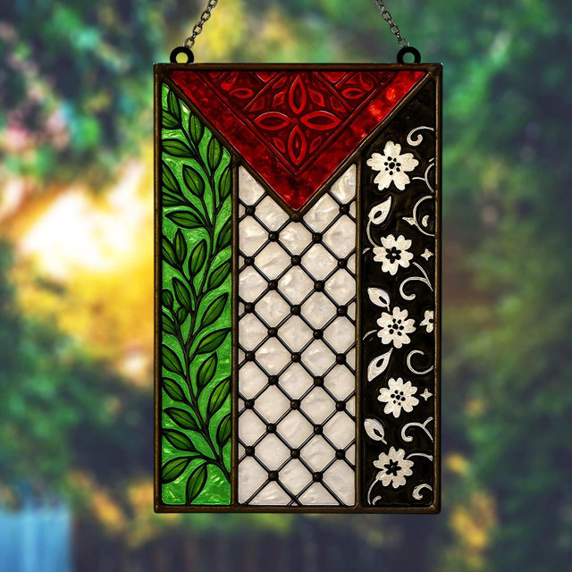 Palestinian Flag Suncatcher, Keffiyeh, Olive Branch Faux Stained Glass