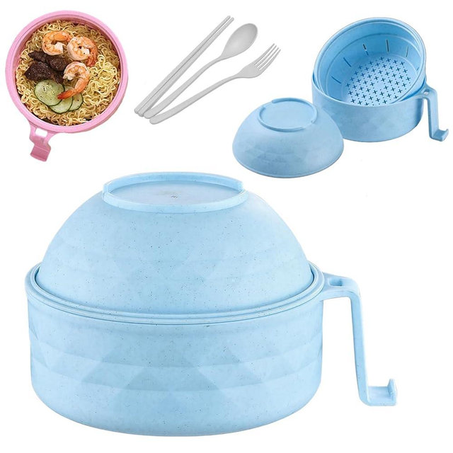 Microwave Ramen Bowl with Lid, 2026 New Ramen Noodles Bowl Set with Chopsticks, Spoon and Fork, Ramen Cooker with Handles for Dorm Room College Apartment Essentials (Blue)