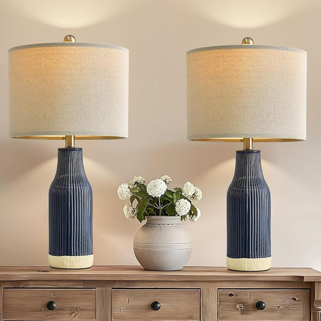 USumkky 27.5" Modern Blue Ceramic Table Lamp Set of 2 for Living Room, Farmhouse Bedside Nightstand Lamp for Bedroom Home Office Dorm