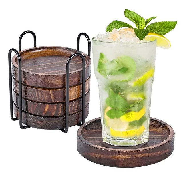 Coasters for Drinks, Set of 5 Natural Pine Wood Style Drink Coaster with Holder for Coffee Wooden Table, Mandala Coasters with Non-Slip Mat, Tabletop Protection, Suitable for Kinds of Cups