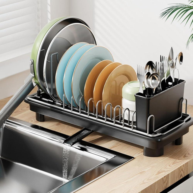 Laveshop Small Dish Drying Rack, Compact Dish Drainer for Kitchen Counter, with Adjustable Back Slots, Space-Saving for Small Kitchens, Black