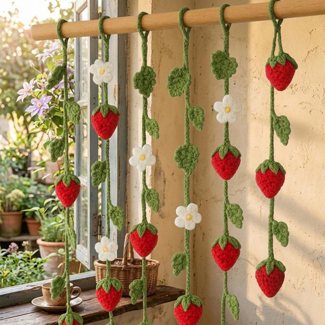 Strawberry Crochet Curtain Tiebacks Set of 6 – Handmade Strawberry & Daisy Garland, Cottagecore Window Decor, Cute Kitchen Curtain Hanging