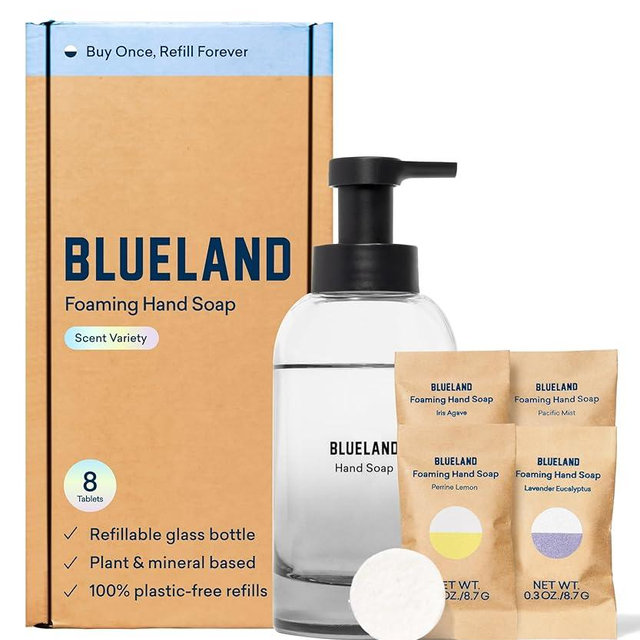 BLUELAND Hand Soap Starter Set Slate, 1 Refillable Glass Foaming Hand Soap Dispenser with 4 Refill Tablets, Iris Agave Scent, 4 x 9 Fl oz