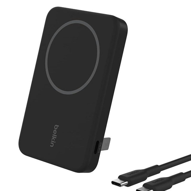 Belkin Portable Charger, Wireless Power Bank 15W 5000mAh w/ Qi2, MagSafe Charger + Built-in Pop-up Kickstand - iPhone 17, Air, Pro, Pro Max, AirPods, Apple Watch, Google Pixel 10, etc. - Black