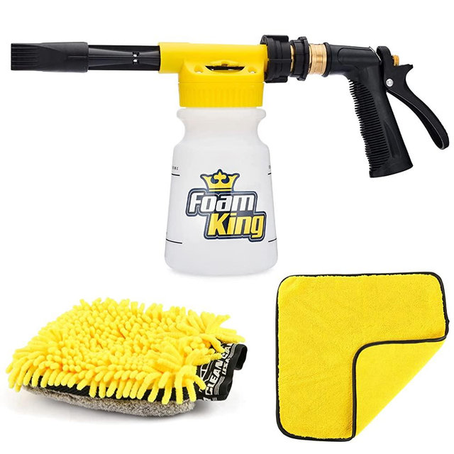 Foam King Car Wash Sprayer Bundle – incl. 3-in-1 Microfiber Wash Mitt & Detailing Towel - Ultimate Scratch Free Cleaning - Connects to Garden Hose - Foam Cannon Car Washing Kit