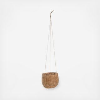 Hanging Rattan Basket with Faux Leather Strings