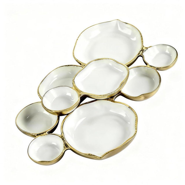 Clustered Serving Bowl, Nine-Grid Design Gold Charcuterie Tray, Elegant Snack Platter, Multipurpose Entertaining Centerpiece for Parties, Appetizers, Nuts, Fruit (White)