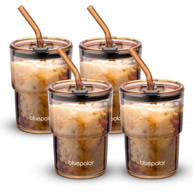 BLUEPOLAR 13oz/400ml Glass Water Tumbler with Straw and Lid Sealed Carry On Thick Wall Iced Coffee Cup Glass Cup for Water, Iced Tea Fruit Juice Etc(Amber-4Pack)