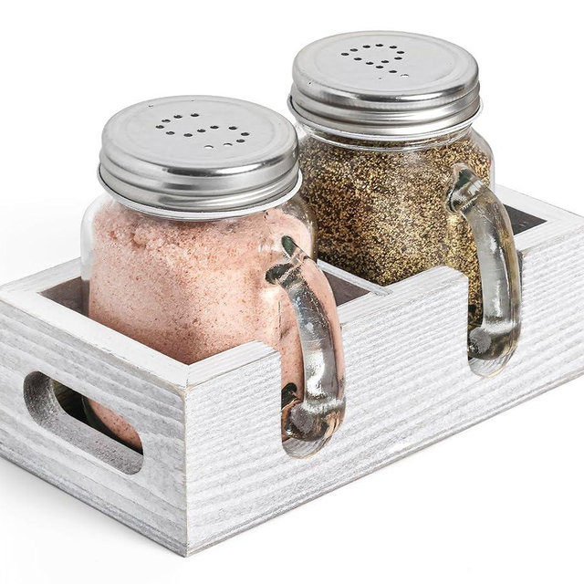Mason Jar Salt and Pepper Shakers - Glass Shaker Set with Wood Holder Caddy, Easy to Clean & Refill for Farmhouse Kitchen Table, Home and Gifts (White)