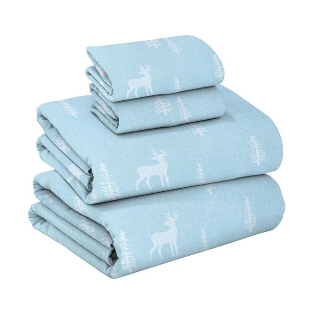 RUVANTI Flannel Sheets Queen Size - GOTS Certified 100% Organic Cotton, 4 Piece Warm, Soft & Breathable Set, Deep Pocket Snug Fit, Double Brushed Cozy All Season Bedding, Blue Pine