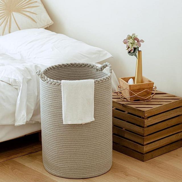 Homlikelan 58L Woven Laundry Basket,Tall Wicker Laundry Basket for Blankets,Clothes,Pillows,Toys,Shoes Large Cotton Laundry Hamper for Bedroom Living Room Bathroom Nursery Gray