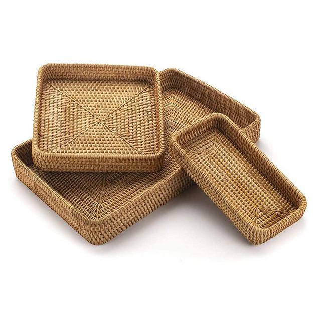 Rattan Serving Tray, Rectangular Woven Basket Tray, Natural Wicker Decorative Serving Baskets for Organizing Tabletop Kitchen Counter, Set of 3