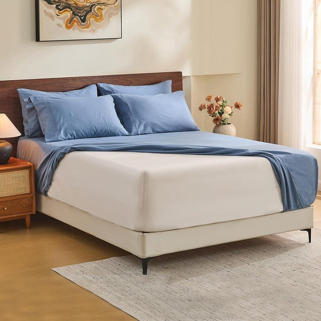 MEISHANG 100% French Pure Linen Sheets King Size - Extra Deep Pocket Sheet Set, Soft Durable Flax Linen, Anti-Tear Breathable & Oeko-Tex Certified 18-24 Deep Pocket,All Season(Dusty Blue)