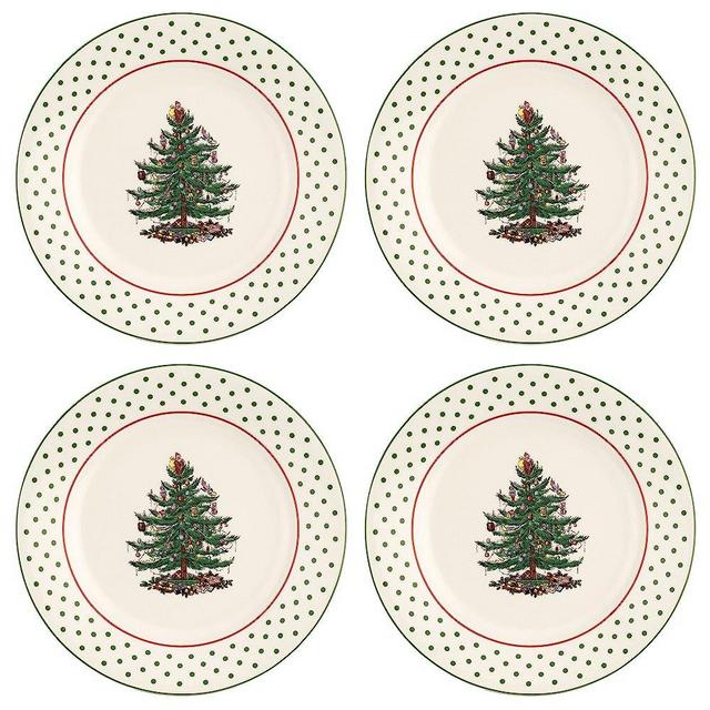 Spode Christmas Tree Collection Dessert Plates, Set of 4, Polka Dot Design, Use for Dessert, Appetizers, or Salad, Measures at 8-Inches, Dishwasher and Microwave Safe