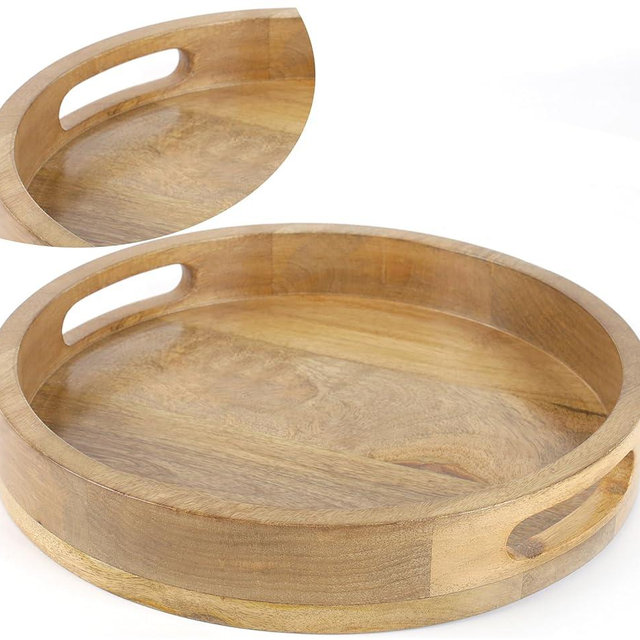 Rustic Wooden Serving Tray - Round Wood Decorative Tray Vintage Centerpiece Candle Holder Trays Farmhouse Ottoman Tray for Kitchen Countertop Home Decor for Coffee Table - 12 Inches