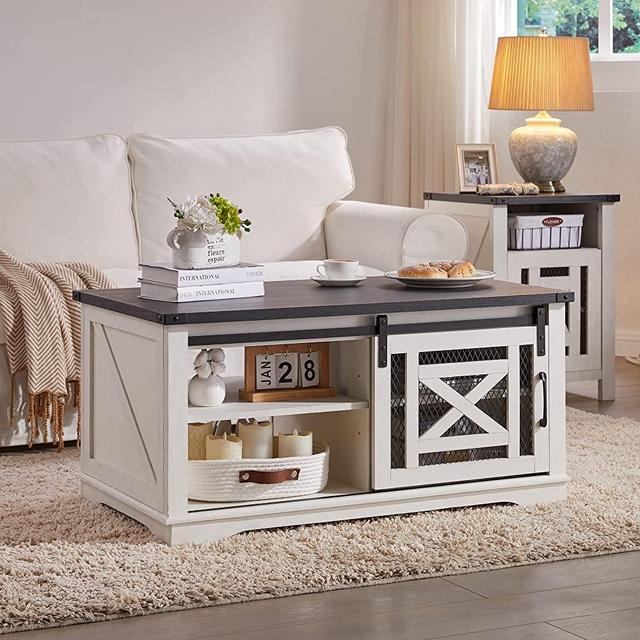 JXQTLINGMU Farmhouse Coffee Table,Rustic Center Table with Dual Side Sliding Barn Doors and Storage Cabinets Shelves for Living Room, White