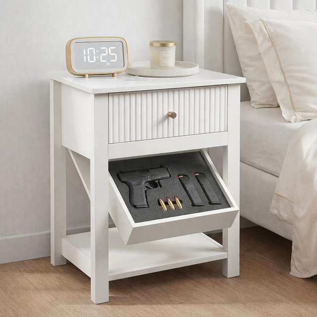 Aylenic Night Stand with Gun Drawer, White Wood Bedside Table, Modern Farmhouse Side Table Bedroom Gun Safe with Hidden Compartment, Handgun Safe for Nightstands Simple Aesthetic End Table