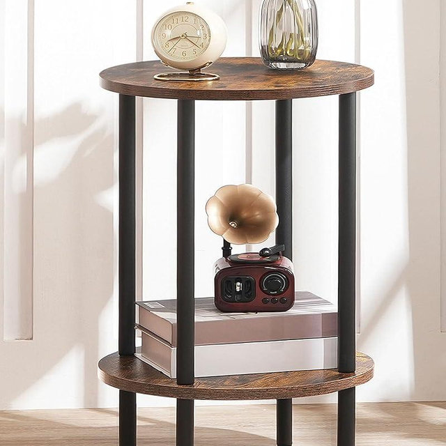 CHOEZON Round Side Table, 2-Tier End Table, Small Round Nightstand with Sturdy Metal Tube, Industrial Circular Coffee Table, for Living Room, Bedroom, Rustic Brown and Black TBZ01BF