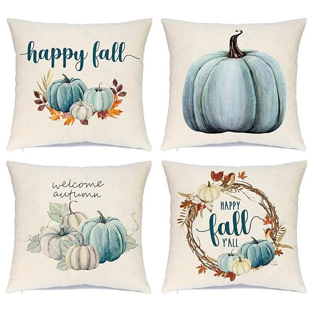 Flames Wolf Farmhouse Fall Throw Pillow Covers 18x18 Set of 4, Autumn Pumpkin Decorative Pillow Covers, Thanksgiving Pillows Cases Harvest Cushion Cases for Couch Sofa, Outdoor Home Decor