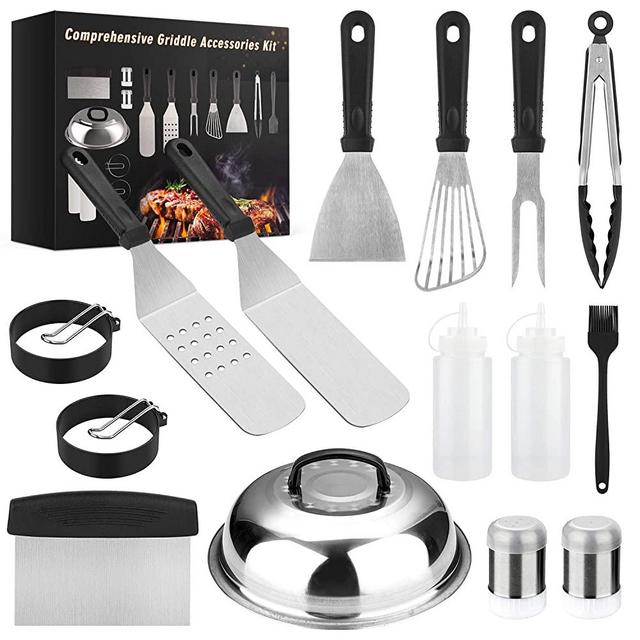 Yekale Griddle Accessories Kit, 15 Pcs Griddle Grill Tools Set for Blackstone and Camp Chef, Professional Grill BBQ Spatula Set with Basting Cover, Spatula, Scraper, Bottle, Tongs, Egg Ring