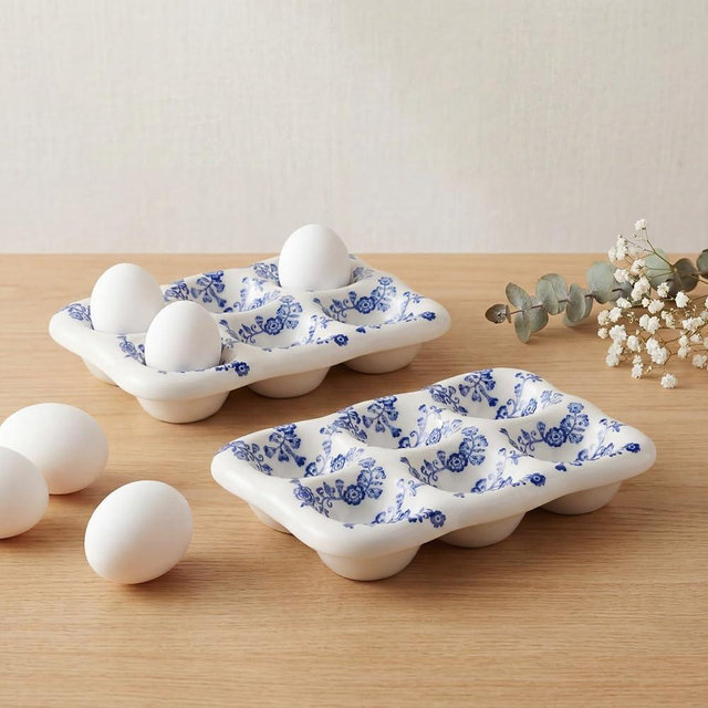 Ferrochef 2 Pcs Ceramic Egg Tray 6 Cups Chinoiserie Eggs Holder Blue and White Porcelain Kitchen Counter Table Fridge Storage Accessory Blue Floral Spring Decoration for Housewarming Gift