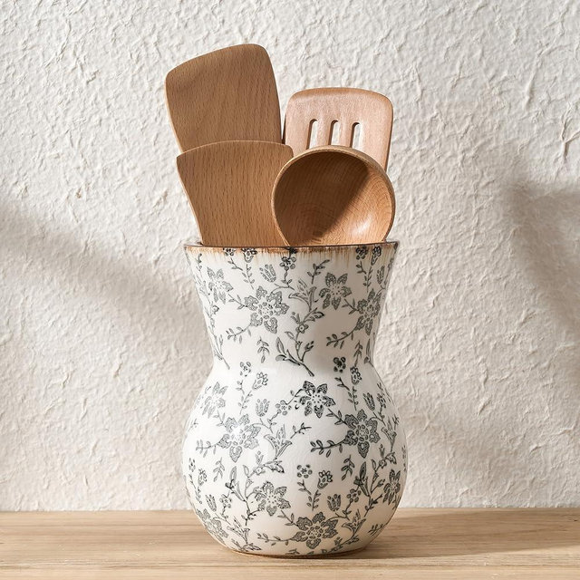 JIEMEI HOME Kitchen Utensil Holder, 7.56" Ceramic Large Rustic Utensil Crock for Countertop, Farmhouse Cooking Tool Organizer, Spatula Holder For Kitchen Decor, Gray Floral