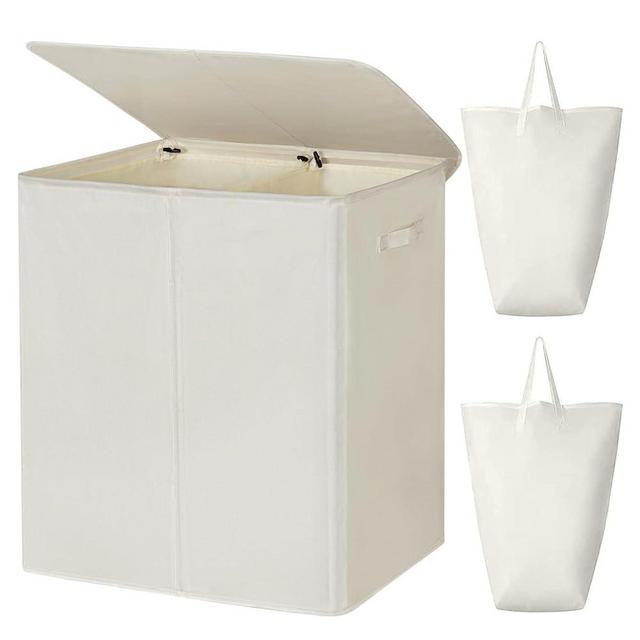 WOWLIVE 180L Double Laundry Hamper with Lid and Removable Laundry Bags, Large Dirty Clothes Hamper 2 section Collapsible Laundry Basket Dorm Room Storage for Bedroom, Bathroom, College,Beige